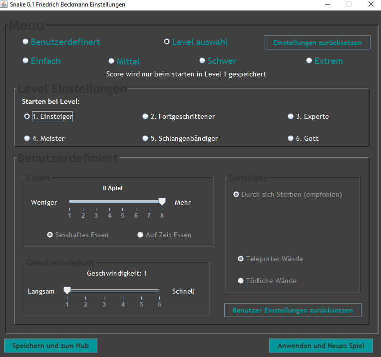 Screenshot menu level seclection