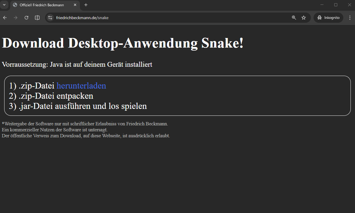 Screenshot Website Snake friedrichbeckmann.de